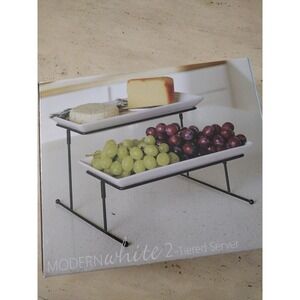 Modern White 2 Tiered Served Metal Stand‎ Dishwasher Safe 2 PCS 11"X6" Platter